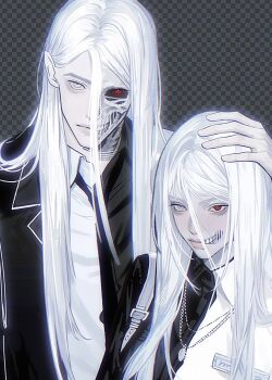 Rule 34 | 1boy, 1girl, absolute batman, absolute dc, bags under eyes, batman (series), black jacket, black necktie, black shirt, bloom, closed mouth, collared shirt, colored sclera, commentary, dc comics, dual persona, expressionless, formal clothes, genderswap, grey background, grid background, hair behind ear, hair between eyes, hand on another's head, head tilt, heterochromia, highres, jacket, jewelry, lapels, long hair, looking at viewer, mismatched sclera, multicolored jacket, necklace, necktie, notched lapels, open clothes, open jacket, pale skin, red eyes, red sclera, sanpaku, shirt, split theme, straight hair, suit, svn777svn, tsurime, two-face, two-face (absolute dc), two-tone jacket, two-tone shirt, upper body, white eyes, white hair, white jacket, white shirt, wing collar