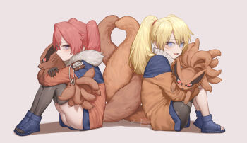 2girls animal back-to-back beige_background black_gloves black_legwear blonde_hair blue_eyes blue_footwear blush claws closed_mouth dual_persona facial_mark fang file-mei fox fox_tail genderswap genderswap_(mtf) gloves glowing glowing_eyes highres holding holding_animal kurama_(naruto) long_hair looking_at_another multiple_girls naruko_(naruto) naruto:_road_to_ninja naruto_(classic) naruto_(series) naruto_shippuuden open_mouth parted_lips purple_eyes red_eyes red_hair simple_background sitting slit_pupils smile tail twintails twitter_username whisker_markings