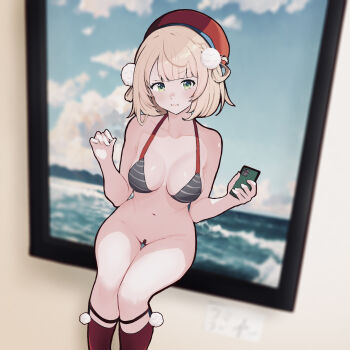 1girl absurdres bandaid bandaid_on_pussy beret bikini blonde_hair blush breasts commentary gohannanaki green_eyes grey_bikini hat highres indie_virtual_youtuber kneehighs medium_breasts medium_hair open_mouth painting_(object) red_hat red_socks shigure_ui_(vtuber) shigure_ui_(vtuber)_(1st_costume) socks solo swimsuit virtual_youtuber