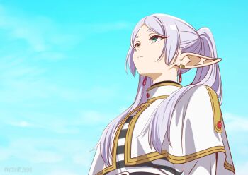 1girl blue_sky cloud earrings elf expressionless frieren green_eyes highres jewelry long_hair looking_up meme mkhalil_iqbal parted_bangs pointy_ears short_eyebrows sky solo sousou_no_frieren tagme teardrop_earrings twintails upper_body upward_angle_frieren_drawing_(meme) white_hair