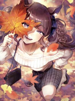 1girl alternate_costume animal_ears autumn_leaves bag bare_shoulders black_shoes blurry blurry_background breasts brown_hair collarbone commentary_request foot_out_of_frame grey_skirt grey_socks handbag heart heart_in_eye highres holding holding_leaf horse_ears leaf leaf_with_hole leg_up long_hair long_sleeves looking_at_viewer loose_socks maple_leaf medium_breasts miniskirt off-shoulder_sweater off_shoulder plaid_clothes plaid_skirt purple_eyes sekiyu_inu shoes skirt socks solo sweater symbol_in_eye teeth tosen_jordan_(umamusume) twintails umamusume white_sweater