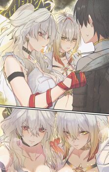 1boy 2girls absurdres arm_strap black_choker black_gloves black_hair black_horns black_jacket breasts choker cleavage collarbone commentary curled_horns earrings galbrena_(wuthering_waves) gloves gold_choker grey_hair hair_between_eyes hashtag-only_commentary highres horns jacket jewelry key_earrings large_breasts light_blush long_hair looking_at_another looking_at_viewer male_rover_(wuthering_waves) mole mole_on_breast mole_under_eye multiple_girls necktie necktie_around_wrists parted_lips red_eyes red_necktie rover_(wuthering_waves) sweatdrop textless_version wuthering_waves yellow_eyes yumegiwa_(skgl_thx) zani_(wuthering_waves)