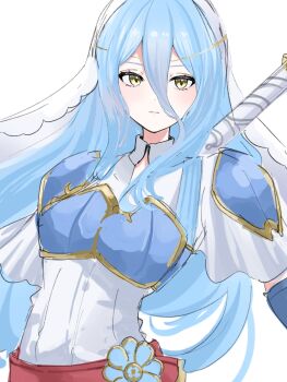 1girl armor azura_(fire_emblem) azura_(lady_of_the_sky)_(fire_emblem) blue_hair breastplate breasts double-parted_bangs dress fire_emblem fire_emblem_fates fire_emblem_heroes hair_between_eyes highres long_hair looking_at_viewer maid_headdress nintendo official_alternate_costume portrait sayaka_(fe_uma274) short_sleeves shoulder_armor simple_background sketch small_breasts solo upper_body very_long_hair white_background white_dress white_headdress yellow_eyes