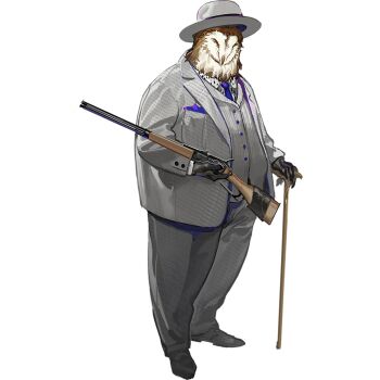 1boy arknights azling cane closed_eyes formal_clothes full_body furry grey_hat grey_suit gun hat holding holding_cane holding_gun holding_weapon male_focus necktie official_art owl_boy paganini_(arknights) purple_necktie rifle simple_background solo standing suit tachi-e third-party_source transparent_background weapon