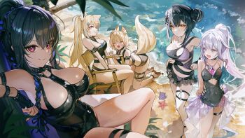5girls absurdres animal_ear_fluff animal_ears beach bikini black_bikini black_choker black_gloves black_one-piece_swimsuit blonde_hair blue_hair breasts casual_one-piece_swimsuit chair chest_jewel choker closed_eyes colored_inner_hair commentary crossed_bangs day dog_ears dog_girl dog_tail double_bun english_commentary fingerless_gloves fuwawa_abyssgard fuwawa_abyssgard_(holonatsu_paradise) gem gloves grey_hair grin hair_between_eyes hair_bun hair_ornament happyongdal heart heart_o-ring highres holding_own_arm holoadvent hololive hololive_english kneeling koseki_bijou koseki_bijou_(holonatsu_paradise) large_breasts long_hair mococo_abyssgard mococo_abyssgard_(holonatsu_paradise) mole mole_under_eye multicolored_bikini multicolored_hair multiple_girls nerissa_ravencroft nerissa_ravencroft_(holonatsu_paradise) o-ring o-ring_choker o-ring_thigh_strap ocean official_alternate_costume official_alternate_hairstyle on_chair one-piece_swimsuit open_mouth outdoors palm_leaf pink_eyes pink_hair ponytail purple_bikini purple_eyes purple_gemstone purple_hair red_eyes sandals shiori_novella shiori_novella_(holonatsu_paradise) shore siblings sisters sitting smile split-color_hair standing starfish streaked_hair swimsuit tail takodachi_(ninomae_ina&#039;nis) thigh_strap twins two-tone_bikini two-tone_hair very_long_hair virtual_youtuber water yellow_eyes