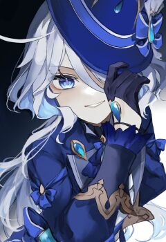 Rule 34 | 1girl, ascot, asymmetrical gloves, black ascot, blue ascot, blue gem, blue hat, blue jacket, blue pupils, commentary request, cowlick, drop-shaped pupils, eyelash ornament, furina (genshin impact), gem, genshin impact, gloves, hat, heterochromia, jacket, mismatched gloves, mismatched pupils, multicolored hair, one eye covered, ouji fashion, shinoo0915, smile, streaked hair, suikyou394, symbol-shaped pupils, top hat