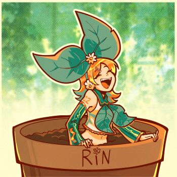 1girl ^_^ bare_shoulders blonde_hair bow breasts character_name closed_eyes crop_top daisy_(flower) detached_sleeves eerieelixir eyelashes fangs flower flower_pot gradient_background green_background green_bow green_neckerchief green_sailor_collar green_sleeves green_theme hair_bow hair_flower hair_ornament happy highres kagamine_rin large_bow leaf_bow light_blush medium_hair midriff monster_girl narrow_waist navel neckerchief number_tattoo open_mouth outline oversized_object partially_buried plant_girl revision sailor_collar shirt shoulder_tattoo sleeveless sleeveless_shirt small_breasts smile solo swept_bangs tattoo teeth vocaloid white_outline