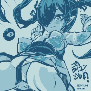 1girl backbeako_(torotei) backbeard blue_background blue_theme blush breasts closed_mouth commentary_request cowboy_shot dated dated_commentary floral_print floral_print_kimono gegege_no_kitarou hair_over_one_eye hair_ribbon hands_up japanese_clothes kimono kono_lolicon_domome light_frown loli long_hair long_sleeves looking_at_viewer monochrome no_panties obi original paid_reward_available pointy_ears print_kimono ribbon sash simple_background small_breasts solo sweat torotei translated twintails watermark wavy_mouth web_address