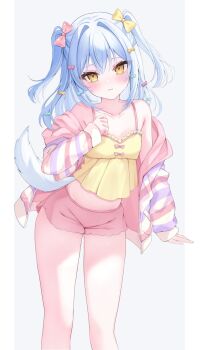 1girl blue_hair blush breasts camisole commission dog_tail highres hiiragi_(hr_ccr) jacket long_hair off_shoulder original pink_shorts ribbon short_shorts shorts skeb_commission small_breasts solo striped_clothes striped_jacket tail thighs two_side_up yellow_camisole yellow_eyes