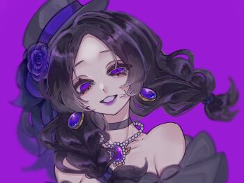 1girl anne_lester anne_lester_(hidden) black_choker black_hair braid choker commentary_request earrings eyelashes floating_clothes floating_hair flower gem hat highres identity_v jewelry looking_at_viewer mismatched_pupils necklace off_shoulder official_alternate_costume pearl_necklace pendant porkpie_hat portrait purple_flower purple_gemstone purple_lips purple_rose purple_theme raised_eyebrows reki510 rose side_part solo tearing_up twin_braids