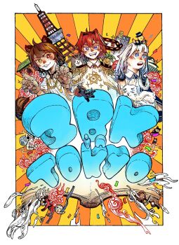 Rule 34 | 3girls, :d, ahoge, aiguillette, ange katrina, animal, animal ears, animal hair ornament, animal hands, animal on head, animal on shoulder, bird, bird on head, black gloves, blue eyes, blue hair, blush, book, border, bright pupils, brown hair, cat, cat on shoulder, claws, clothed animal, collared shirt, colored smoke, commentary request, dog ears, dog girl, epaulettes, gloves, gradient hair, grin, group name, hair intakes, hands up, heterochromia, hexagram, holding, holding animal, holding cat, inui toko, lize helesta, long hair, looking at viewer, looking up, mandragora (ange katrina), mask, medium hair, multicolored hair, multiple girls, nijisanji, object request, official alternate costume, on head, open book, open mouth, orange background, paw gloves, purple eyes, red eyes, red hair, sanbaka (nijisanji), sebastian piyodore, shirt, shou-star, smile, smoke, streaked hair, sunburst, sunburst background, tengu mask, tokyo (city), tokyo tower, two-tone hair, virtual youtuber, white border, white cat, white hair, white pupils, yellow background, yellow eyes