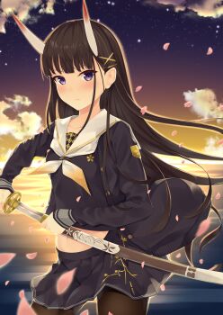 1girl azur_lane black_cardigan black_hair black_shirt black_skirt brown_pantyhose cardigan cherry_blossoms collarbone commentary_request cowboy_shot drawing_sword hair_ornament hairclip highres holding holding_sword holding_weapon horns katana long_hair long_sleeves looking_at_viewer midriff_peek miniskirt neckerchief noshiro_(azur_lane) ocean pantyhose pleated_skirt purple_eyes sailor_collar school_uniform shaketarako shirt skin-covered_horns skirt solo sunset sword very_long_hair weapon white_neckerchief white_sailor_collar x_hair_ornament