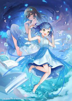 2girls bare_shoulders barefoot black_hair blue_dress blue_eyes blue_hair blue_theme blush book breasts commentary_request copyright_notice dress feathers flower full_body highres idolmaster idolmaster_cinderella_girls idolmaster_million_live! kaisake_(utp) long_hair looking_at_viewer multiple_girls nanao_yuriko official_art open_mouth petals sagisawa_fumika sample_watermark small_breasts smile trait_connection water watermark yellow_eyes