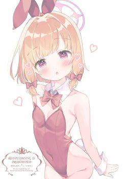 1girl :o animal_ears bare_shoulders blonde_hair blue_archive blunt_ends blush bow bowtie breasts collarbone commentary_request cowboy_shot detached_collar fake_animal_ears fake_tail groin hair_bow halo head_tilt heart highleg highleg_leotard highres leaning_forward leotard looking_at_viewer low-tied_sidelocks moeno_uni momoi_(blue_archive) parted_bangs parted_lips pink_eyes pink_halo playboy_bunny rabbit_ears rabbit_tail red_bow red_bowtie red_leotard short_hair sidelocks simple_background small_breasts solo strapless strapless_leotard tail white_background white_wrist_cuffs wrist_cuffs