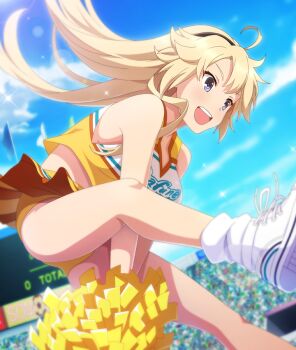 :d ahoge audience bare_legs bare_shoulders between_legs black_hairband blonde_hair blue_eyes blue_sky breasts cheerleader clothes_writing cloud dot_nose game_cg hairband hand_between_legs jumping kohagura_ellen large_breasts lens_flare long_hair loose_socks midriff official_art open_mouth outstretched_legs pom_pom_(cheerleading) scoreboard shoes skirt sky smile sneakers socks sparkle stadium tank_top teeth third-party_source toji_no_miko toji_no_miko:_kizamishi_issen_no_tomoshibi upper_teeth_only white_shoes white_socks yellow_skirt yellow_tank_top