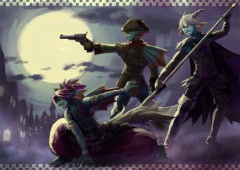 Rule 34 | 3boys, aiming, animal ears, aqua skin, armlet, baggy pants, black gloves, blonde facial hair, blonde hair, boots, bracelet, brown capelet, brown gloves, brown hat, cape, capelet, cloud, colored skin, commentary request, cowboy, dragon quest, dragon quest x, facial hair, fins, fish boy, flei rainbow, fringe-trimmed capelet, fringe trim, full moon, gloves, grey horns, grin, gun, hand on ground, handgun, hat, head fins, holding, holding gun, holding polearm, holding weapon, horns, jewelry, looking ahead, male focus, monster boy, moon, multiple boys, neckerchief, open mouth, pants, parted bangs, pink hair, polearm, profile, purple cape, purple vest, red neckerchief, red pants, revolver, short hair, smile, squatting, tail, thigh boots, toned, toned male, vest, weapon, weddie (dq10), western, white hair, wolf boy, wolf ears, wolf tail