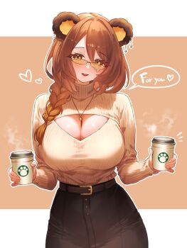 1girl absurdres animal_ears beary_ein belt blush braid breasts brown_eyes brown_hair character_request cleavage cleavage_cutout clothing_cutout coffee commission cup disposable_cup drink drinking_glass english_text glasses highres holding holding_cup jewelry large_breasts long_hair long_sleeves looking_at_viewer mature_female necklace open-chest_sweater pencil_skirt ribbed_sweater sadukitsune simple_background skeb_commission skirt smile solo speech_bubble sweater tinted_eyewear turtleneck turtleneck_sweater virtual_youtuber