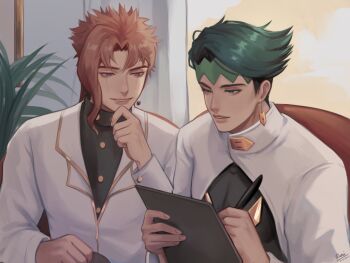 2boys arm_up black_jacket buttoned_cuffs buttons clipboard collared_jacket commentary diamond_wa_kudakenai earrings english_commentary gakuran gold_trim green_eyes green_hair highres holding holding_clipboard holding_pen indoors jacket jewelry jojo_no_kimyou_na_bouken kakyoin_noriaki kishibe_rohan kookirani looking_to_the_side male_focus multiple_boys parted_hair parted_lips pen piercing plant school_uniform sitting stardust_crusaders suit_jacket white_jacket