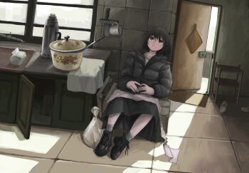 1girl bin_jiang black_hair black_jacket china cleaver commentary cup down_jacket highres jacket mug open_door original short_hair solo