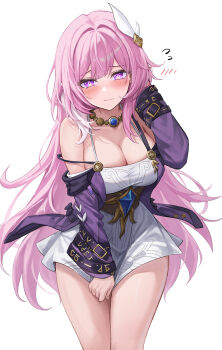 1girl bad_id bad_twitter_id bare_shoulders blush breasts cleavage closed_mouth coat collarbone commentary cyrene_(aedes_elysiae)_(honkai:_star_rail) cyrene_(honkai:_star_rail) cyrene_(ripples_of_past_reverie)_(honkai:_star_rail) diamond-shaped_pupils diamond_(shape) dress dress_tug flying_sweatdrops hair_ornament hand_up highres honkai:_star_rail honkai_(series) jewelry large_breasts long_hair looking_at_viewer mookyuu9 necklace pink_hair purple_coat purple_eyes self_cosplay sidelocks simple_background solo strap_slip symbol-shaped_pupils thighs very_long_hair white_background white_dress