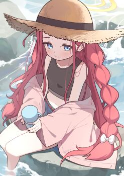 1girl absurdres alternate_costume bare_shoulders blue_archive blue_eyes braid closed_mouth commentary_request crop_top denim denim_shorts halo hat highres long_hair midriff navel off_shoulder partial_commentary red_hair shorts sitting solo straw_hat toki_kimagure very_long_hair water yellow_halo yuzu_(blue_archive)