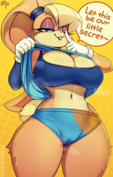1girl alternate_breast_size animal_ears blue_eyes breasts cameltoe cleavage clothes_lift cowboy_shot english_text finger_to_mouth furry furry_female gloves half-closed_eyes highres krokobyaka large_breasts lifting_own_clothes lola_bunny looney_tunes midriff navel rabbit_ears rabbit_girl rabbit_tail shirt_lift shushing solo space_jam space_jam:_a_new_legacy speech_bubble sportswear standing sweat tail thick_thighs thighs white_gloves wide_hips