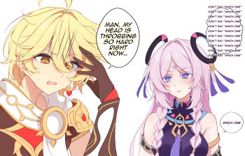 1boy 1girl absurdres aether_(genshin_impact) bare_shoulders blonde_hair blue_eyes breasts brown_gloves brown_shirt citlali_(genshin_impact) commentary dress english_commentary english_text facial_tattoo genshin_impact gloves highres long_hair medium_breasts midori_(midori13579) open_mouth pink_hair purple_dress shirt short_hair sleeveless speech_bubble sweat tattoo thought_bubble yellow_eyes