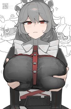 1girl alexandrina_sebastiane anastella_(zenless_zone_zero) arms_on_another&#039;s_breasts azz0422 bangboo_(zenless_zone_zero) belt blush breasts drusilla_(zenless_zone_zero) from_behind grey_hair groping highres large_breasts long_hair looking_down maid maid_headdress qr_code red_eyes ribbon signature sweatdrop white_background white_ribbon zenless_zone_zero