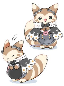 Rule 34 | animal focus, apron, black capelet, bow, bowing, brown fur, capelet, closed eyes, closed mouth, clothed pokemon, ear bow, furret, furret (soft antique), gen 2 pokemon, grey apron, holding, holding tray, kana (maple926), nintendo, no humans, open mouth, pokemon, pokemon (creature), pokemon cafe remix, pokemon focus, simple background, smile, tray, waist apron
