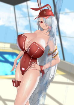 Rule 34 | 1girl, absurdres, armband, azur lane, baseball cap, blurry, blurry background, braid, breasts, cleavage, covered navel, dutch angle, glowing, grey hair, guokui, hair over one eye, hand on own hip, hat, heart, highleg, highleg one-piece swimsuit, highres, huge breasts, impossible clothes, impossible swimsuit, lifeguard, long hair, low-braided long hair, low-tied long hair, mole, mole under eye, official alternate costume, one-piece swimsuit, pool, pouch, prinz heinrich (azur lane), prinz heinrich (rabbit on watch) (azur lane), pubic tattoo, pubic tattoo through clothing, red eyes, red hat, red one-piece swimsuit, solo, strapless, strapless one-piece swimsuit, swimsuit, tattoo, thigh pouch, very long hair, window