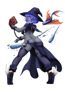1girl ass back barbariank blue_hair book bottle braid butt_crack chain colored_skin cuffs dark_elf earrings elf fish fish_earrings flying_fish from_behind full_body gradient_hair grey_skin hat high_heels highres jewelry long_hair looking_at_viewer looking_back multicolored_hair no_panties open_mouth original pointy_ears potion red_eyes shackles silver_hair solo star-shaped_pupils star_(symbol) symbol-shaped_pupils teeth terraria thighhighs transparent_background two-tone_hair waist_cape water witch_hat