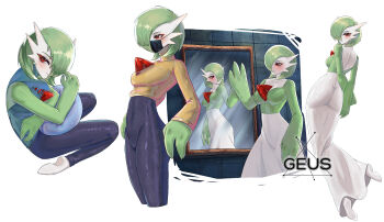 1girl aliasing arm_at_side arms_behind_back artist_name ass back bare_shoulders barefoot black_leggings blue_shirt blush bob_cut breasts closed_mouth clothed_pokemon collarbone colored_skin covered_navel cowboy_shot cropped_legs cushion female_focus from_behind from_side full_body gardevoir gen_3_pokemon geus_(just_geus) green_hair green_skin hair_over_one_eye half-closed_eyes hand_on_mirror hand_on_own_hip hand_up high-waist_leggings highres leggings long_sleeves looking_at_viewer looking_back mask medium_breasts mirror mouth_mask multicolored_skin multiple_views nintendo one_eye_covered orange_shirt parted_lips pokemon pokemon_(creature) red_eyes reflection shirt short_hair simple_background sitting sleeveless sleeveless_shirt soles standing surgical_mask tile_wall tiles torn_clothes torn_shirt two-tone_skin watermark white_background white_skin