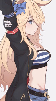 Rule 34 | 1girl, animal ears, arms up, bandeau, belt, black belt, black jacket, blonde hair, blue bow, blue eyes, blush, bow, breasts, chahiro, chain, cutoffs, denim, denim shorts, ear bow, from side, gold chain, gold city (authentic/1928) (umamusume), gold city (umamusume), highres, horse ears, horse girl, horse tail, jacket, long hair, long sleeves, medium breasts, midriff, open clothes, open jacket, parted lips, shorts, solo, stomach, strapless, striped bandeau, tail, tube top, umamusume, upper body