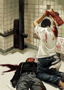 2others ambiguous_gender belt black_gloves black_hair black_jacket black_shirt blood blood_on_clothes blood_splatter bob_cut corpse death dieantwoord2580 full_body gloves guro highres holding_plank indoors jacket kneeling lying multiple_others murder on_back on_ground original shirt short_hair t-shirt tile_wall tiles toilet white_shirt