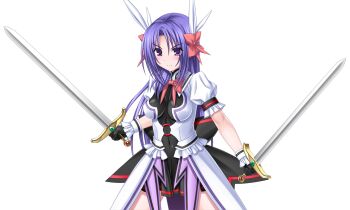 1girl bow breasts dual_wielding game_cg gloves hair_bow hair_ornament hair_ribbon higuchi_isami holding holding_sword holding_weapon large_variant_set long_hair looking_at_viewer magical_girl mahou_shoujo_sae medium_breasts murakami_shizuru non-web_source official_art purple_eyes purple_hair ribbon solo sword transparent_background variant_set weapon