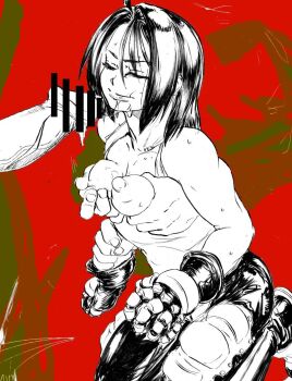 Rule 34 | 1girl, 2boys, large nipples, biker clothes, breasts, capcom, censored, closed eyes, cum, cum in mouth, gloves, groping breast, hey (bluebell), justice gakuen, kazama akira, kneeling, large penis, multiple boys, muscular, muscular female, penis, pinching nipple, sweat, tank top