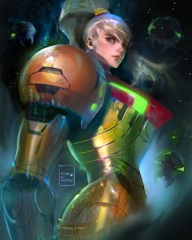 1girl alien arm_cannon armor artist_name blonde_hair blue_eyes clip_studio_paint_(medium) commentary english_commentary floating highres long_hair metroid metroid:_other_m metroid_(creature) metroid_larva nintendo painterly ponytail power_armor power_suit_(metroid) samus_aran science_fiction sebijy signature star_(sky) starry_sky_background varia_suit weapon