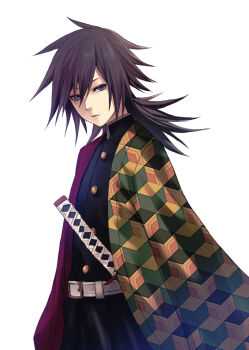1boy applekun belt black_hair black_jacket black_pants blue_eyes buttons closed_mouth commentary_request cowboy_shot demon_slayer_uniform empty_eyes gold_buttons hair_between_eyes haori high_collar highres jacket japanese_clothes katana kikkoumon kimetsu_no_yaiba long_hair looking_at_viewer low_ponytail male_focus pants ponytail print_haori red_haori simple_background solo spiked_hair sword tomioka_giyuu weapon white_background white_belt