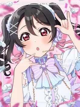 Rule 34 | 1girl, :o, absurdres, birthday, black hair, blush, bow, commentary request, confetti, feathers, frills, hair between eyes, hair ornament, highres, kyaku tasu, long hair, love live!, love live! school idol festival, love live! school idol project, nico nico nii, official alternate costume, open mouth, red eyes, signature, solo, striped bow, twintails, upper body, watermark, white day (love live!), white feathers, yazawa nico