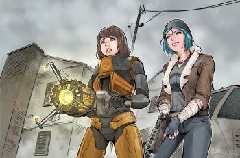 Rule 34 | 2girls, absurdres, afterlaughs, alternate costume, alyx vance, alyx vance (cosplay), beanie, black hat, blue eyes, blue hair, brown hair, brown jacket, chloe price, cosplay, denim, fingerless gloves, gloves, gordon freeman, gordon freeman (cosplay), grey pants, grey sky, gun, half-life, half-life (series), half-life 2, hat, highres, holding, holding gun, holding weapon, jacket, jeans, life is strange (series), life is strange 1, max caulfield, multiple girls, open clothes, open jacket, outdoors, pants, power lines, short hair, sky, utility pole, weapon