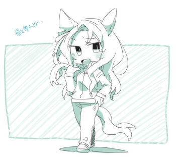 1girl animal_ears beer_hsk bow commentary_request forehead full_body greyscale hair_bow hand_on_own_hip hand_up horse_ears horse_girl horse_tail jacket king_halo_(umamusume) long_hair long_sleeves looking_at_viewer monochrome one_side_up open_mouth pants shadow solo standing tail track_jacket track_pants track_suit translation_request umamusume very_long_hair white_background