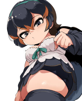 1girl black_eyes black_hair black_shorts black_skirt black_thighhighs breasts camisole green_ribbon hairband highres kemono_friends large_breasts looking_at_viewer mcgunngu multicolored_hair ribbon short_hair shorts simple_background skirt solo streaked_hair thighhighs turtle_shell western_santa_cruz_giant_tortoise_(kemono_friends) white_camisole