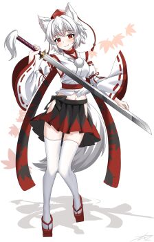 Rule 34 | 1girl, animal ears, autumn leaves, black skirt, clothing cutout, commentary, detached sleeves, full body, geta, hat, highres, hip vent, holding, holding sword, holding weapon, inubashiri momiji, japanese clothes, kimono, kourindou tengu costume, leaf, mfng235717, pleated skirt, pom pom (clothes), red eyes, red hair, ribbon-trimmed sleeves, ribbon trim, shadow, short hair, signature, skirt, smile, solo, standing, standing on one leg, sword, tail, tengu, tengu-geta, thighhighs, tokin hat, touhou, weapon, white hair, white kimono, white thighhighs, wide sleeves, wolf ears, wolf girl, wolf tail