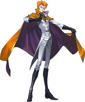 1boy arm_up backlighting black_gloves black_shirt cape clenched_hand closed_mouth code_geass code_geass:_genesic_re;code constricted_pupils cowboy_shot cropped_legs forehead foreshortening full_body furrowed_brow gloves happy high_collar highres jacket knights_of_the_round_uniform leaning_forward long_sleeves looking_at_viewer luciano_bradley male_focus military_uniform multicolored_hair official_art orange_cape orange_hair outstretched_arm pants red_hair shirt short_hair sidelocks simple_background smile solo standing teeth transparent_background two-sided_cape two-sided_fabric two-tone_hair v-shaped_eyebrows white_jacket white_pants wide-eyed yellow_eyes