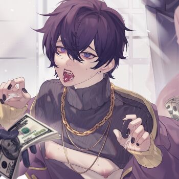 1boy banknote black_nails black_sweater chain chain_necklace clothes_lift commentary cum cum_in_mouth cum_on_body cum_on_hands earrings english_commentary esse_shoto_ovo gold_chain gold_necklace hair_between_eyes half-closed_eyes highres holding holding_money indie_virtual_youtuber jacket jewelry leaning_forward looking_at_another male_focus money necklace off_shoulder open_clothes open_jacket open_mouth prostitution puffy_nipples purple_hair purple_jacket short_hair shoto_(vtuber) solo_focus sweat sweater sweater_lift teeth tongue tongue_out upper_body virtual_youtuber window yaoi