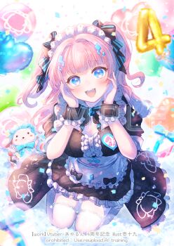 1girl :d akarun_(vtuber) apron balloon black_bow black_dress blue_eyes bow breasts center_frills commentary_request dress frilled_apron frills hair_bow hands_on_own_face hands_up heart_balloon indie_virtual_youtuber ittokyu long_hair looking_at_viewer medium_breasts official_art open_mouth pink_hair puffy_short_sleeves puffy_sleeves sample_watermark seiza short_sleeves sitting smile solo stuffed_animal stuffed_rabbit stuffed_toy thighhighs two_side_up virtual_youtuber watermark white_apron white_thighhighs wrist_cuffs