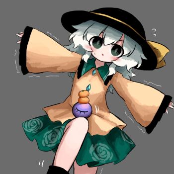 1girl :o balancing black_eyes black_hat blush bow buttons collared_shirt commentary_request diamond_button floral_print floral_print_skirt food frilled_shirt_collar frilled_sleeves frills fruit green_eyes green_hair green_skirt grey_background hat hat_bow heripantomorrow knee_up komeiji_koishi leg_up long_hair orange_(fruit) outstretched_arms print_skirt rose_print shirt simple_background skirt solo spread_arms sweatdrop third_eye touhou trembling yellow_bow yellow_shirt