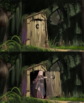 1girl black_dress blunt_bangs bracer breasts cape cleavage crossover detached_sleeves dress highres hololive hololive_english lyrinne medium_breasts meme mori_calliope open_door outhouse pink_eyes pink_hair see-through_clothes see-through_sleeves shrek_(series) shrek_1 single_detached_sleeve smile spikes thighhighs tiara veil virtual_youtuber