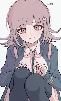 1girl breasts brown_hair collared_shirt commentary_request danganronpa_(series) danganronpa_2:_goodbye_despair flipped_hair hair_ornament highres jacket long_sleeves looking_at_viewer medium_hair nanami_chiaki neck_ribbon oguma_(ogm) open_clothes open_jacket pink_eyes pink_ribbon ribbon shirt skirt smile solo white_shirt