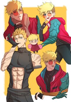 1boy abs absurdres amputee bare_shoulders biting biting_glove black_gloves black_pants black_shirt blonde_hair blue_eyes border clothing_cutout coat commentary_request cowboy_shot cropped_legs crying earrings finger_to_cheek glasses gloves groquis_j hair_between_eyes hand_on_another's_wrist highres jewelry korean_commentary male_focus mechanical_arms mole mole_under_eye multiple_scars multiple_views muscular muscular_male one_eye_closed orange-tinted_eyewear pants parted_lips partially_fingerless_gloves prosthesis prosthetic_arm red_coat restrained round_eyewear scar scar_on_arm scar_on_stomach scars_all_over shirt single_earring single_mechanical_arm solo stitched_arm stitches stomach_cutout strangling streaming_tears tears tinted_eyewear too_many trigun trigun_stampede turtleneck undercut upper_body vash_the_stampede white_border yellow_background